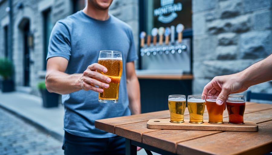 A person holding a pint of craft beer at a Montreal taproom with a beer flight on a wooden table and brewery taps blurred in the background.