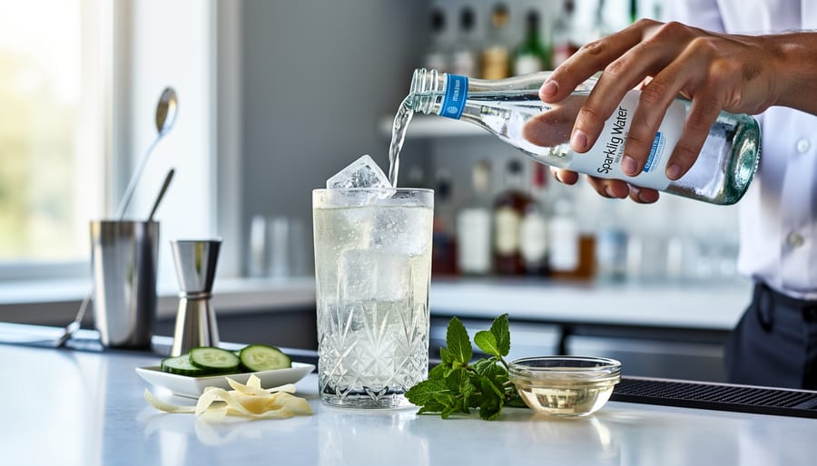 Bartender pouring sparkling water into a highball glass with visible carbonation bubbles.