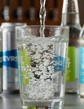 Close-up of condensation-covered sparkling water in a glass with visible bubbles, with chilled cans in the foreground and a blurred craft taproom background.