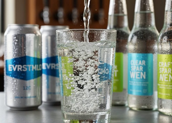 Close-up of condensation-covered sparkling water in a glass with visible bubbles, with chilled cans in the foreground and a blurred craft taproom background.