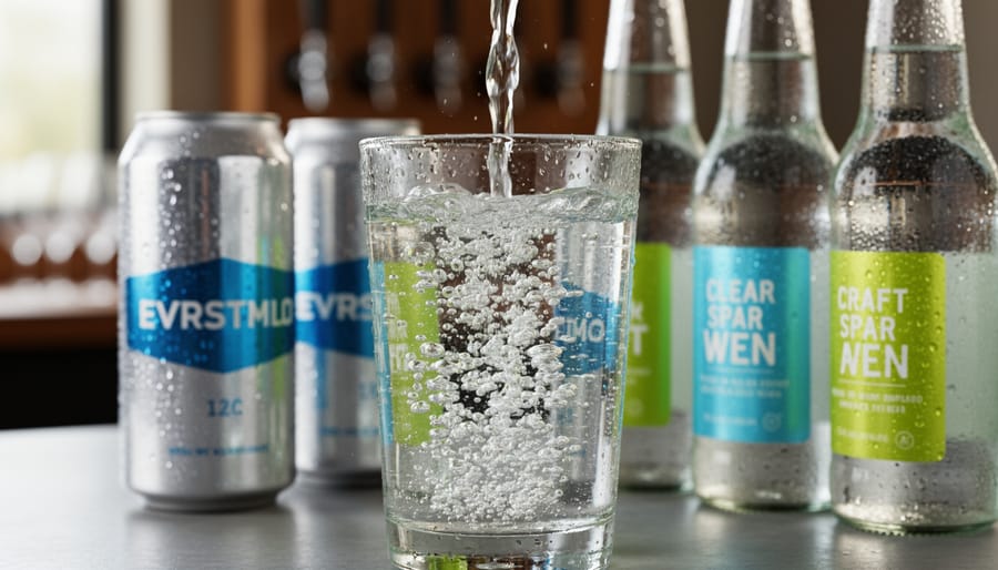 Close-up of condensation-covered sparkling water in a glass with visible bubbles, with chilled cans in the foreground and a blurred craft taproom background.
