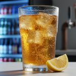 Close-up of a chilled glass of golden ginger ale with visible condensation and carbonation bubbles, with a softly blurred beer cooler background behind it.