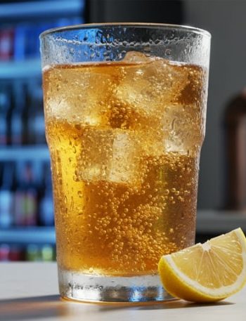 Close-up of a chilled glass of golden ginger ale with visible condensation and carbonation bubbles, with a softly blurred beer cooler background behind it.