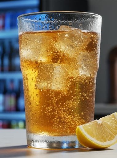 Close-up of a chilled glass of golden ginger ale with visible condensation and carbonation bubbles, with a softly blurred beer cooler background behind it.