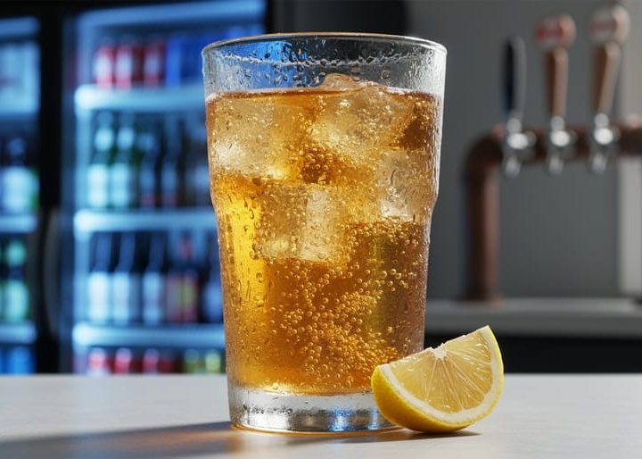 Close-up of a chilled glass of golden ginger ale with visible condensation and carbonation bubbles, with a softly blurred beer cooler background behind it.