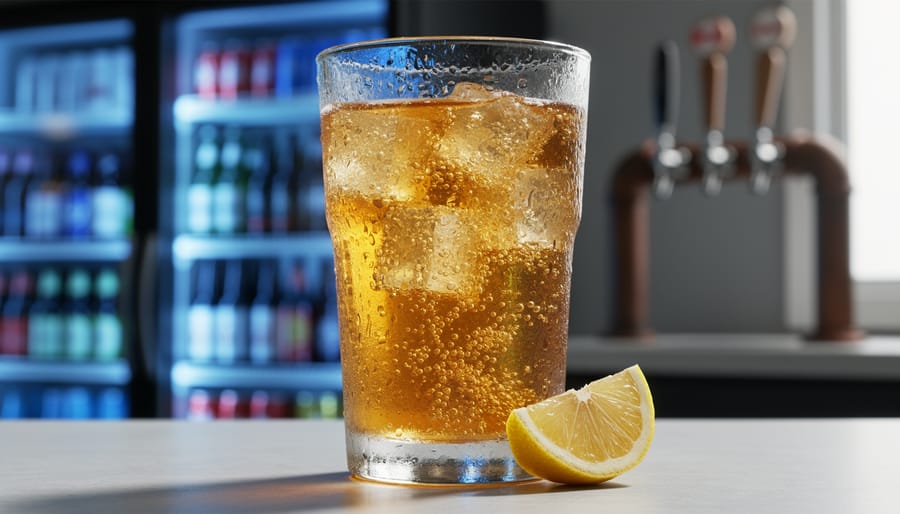 Close-up of a chilled glass of golden ginger ale with visible condensation and carbonation bubbles, with a softly blurred beer cooler background behind it.