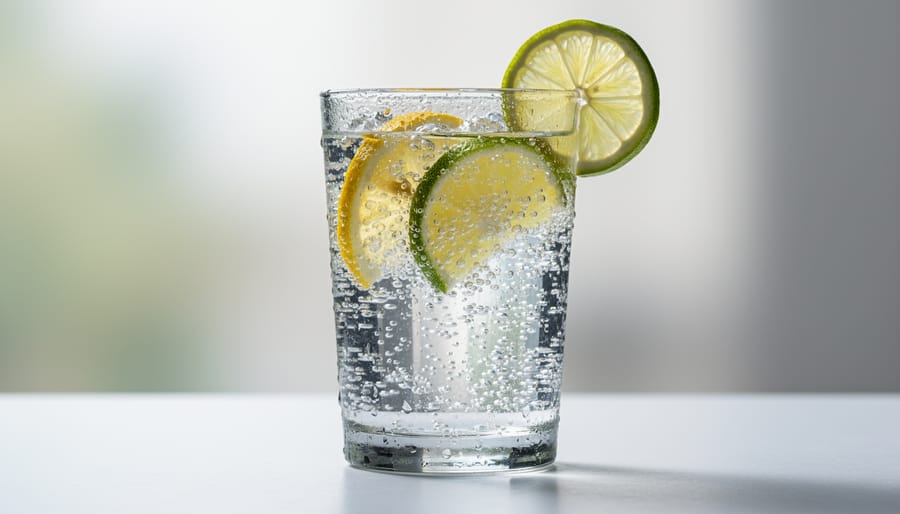 Condensation-covered sparkling water can and a glass with citrus slices and bubbles on a wooden bar