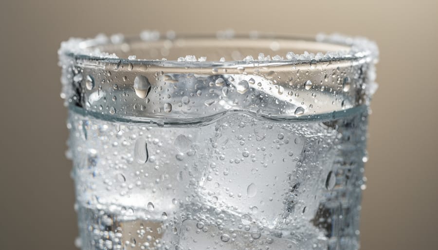 Macro close-up of club soda droplets with mineral-like crystals and a lemon wedge on a slate countertop.