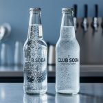 Two clear bottles of carbonated beverages—club soda and sparkling water—on a bar counter with bubbles rising.