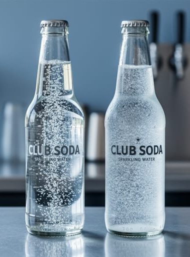 Two clear bottles of carbonated beverages—club soda and sparkling water—on a bar counter with bubbles rising.