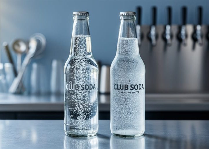 Two clear bottles of carbonated beverages—club soda and sparkling water—on a bar counter with bubbles rising.