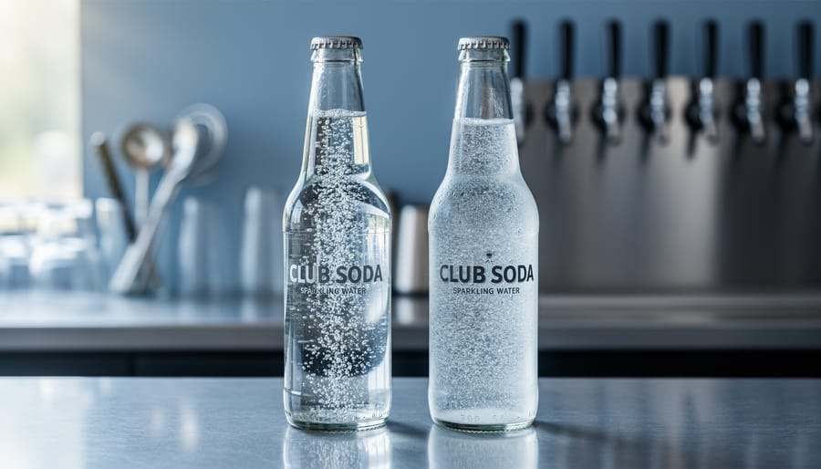 Two clear bottles of carbonated beverages—club soda and sparkling water—on a bar counter with bubbles rising.
