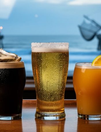 Coastal bar counter at dusk with three local drinks—an oyster stout, salt-rimmed lager, and tropical IPA—framed by a window view of the ocean.