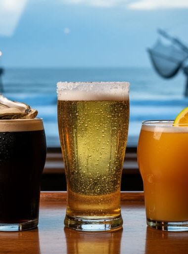Coastal bar counter at dusk with three local drinks—an oyster stout, salt-rimmed lager, and tropical IPA—framed by a window view of the ocean.