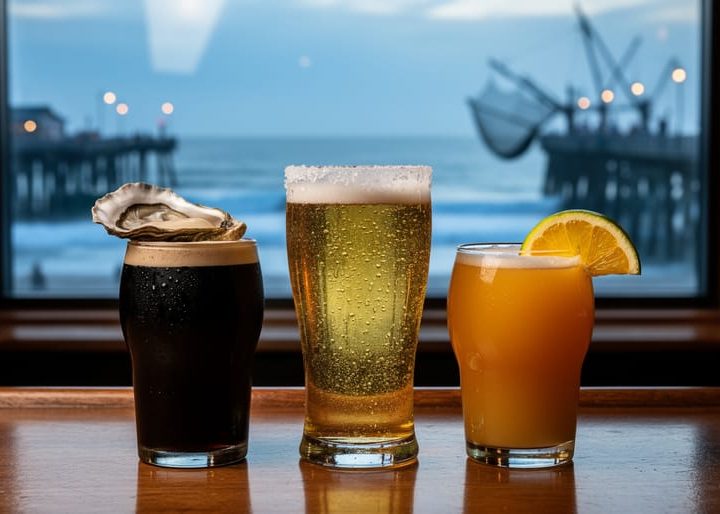 Coastal bar counter at dusk with three local drinks—an oyster stout, salt-rimmed lager, and tropical IPA—framed by a window view of the ocean.