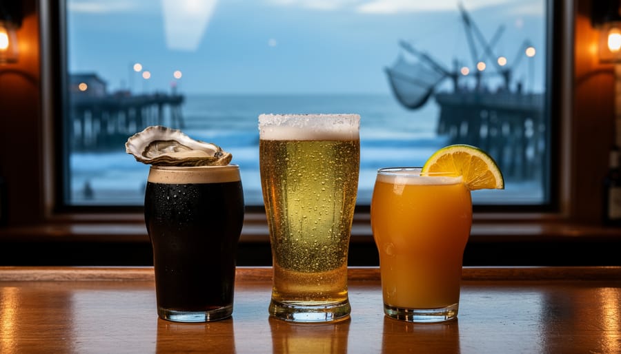 Coastal bar counter at dusk with three local drinks—an oyster stout, salt-rimmed lager, and tropical IPA—framed by a window view of the ocean.