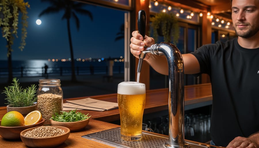 Bartender’s hands pouring a chilled craft lager from a tap into a pint at a coastal bar counter with sea-salt and citrus elements