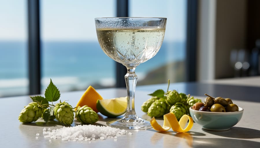 Sea salt, citrus slices, hops cones, and oyster shells arranged on a wooden table in a coastal setting