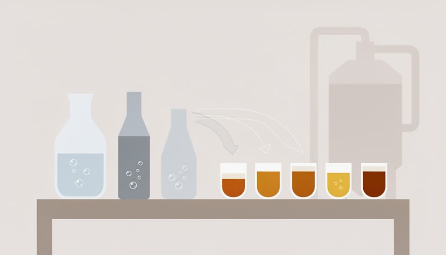 Craft brewing tasting setup with small cups of carbonated water, a hop cone, and brewing tools on a wooden bench.