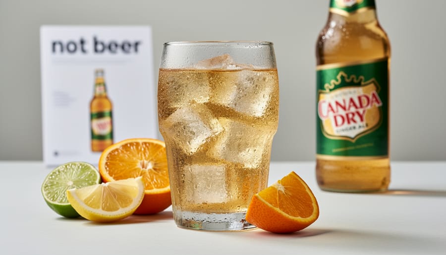 A chilled ginger ale bottle and frosted glass on a bar table with citrus slices nearby