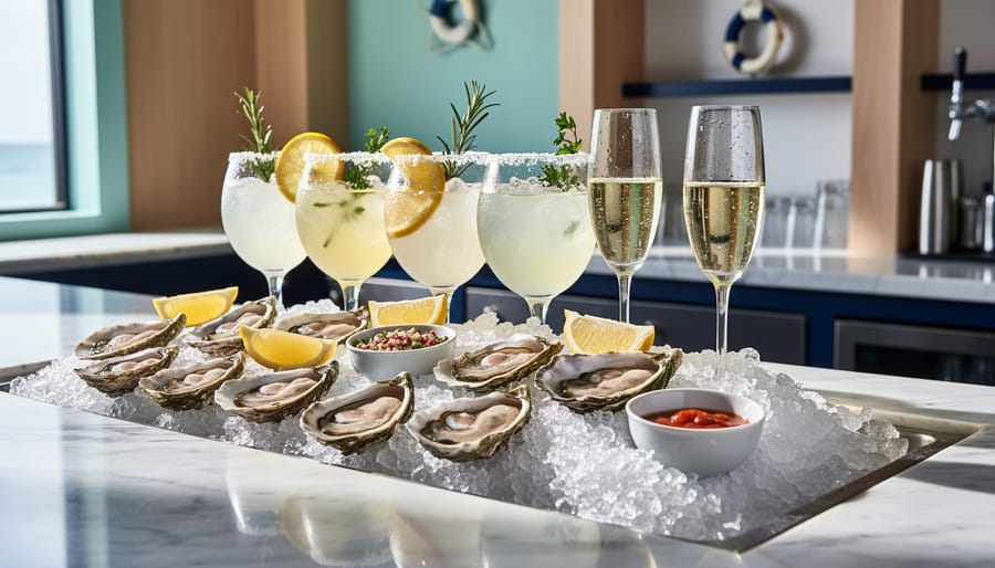 Open oyster on crushed ice with coastal drink bottles and lemon wedge on a bar counter, ocean waves blurred outside