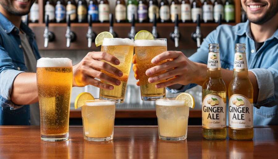 Friends clinking pint glasses of shandy-style drinks on a Canadian patio during golden hour