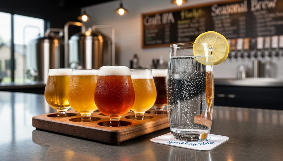 Sparkling water tasting glasses arranged in a flight with craft beer lineup blurred in the background