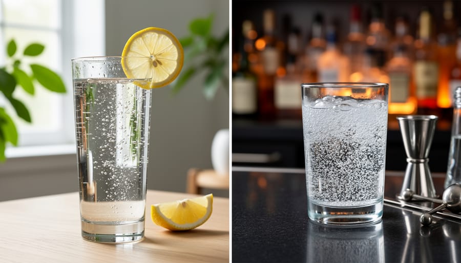 Close view of sparkling water and club soda in clear glass bottles with visible bubbles rising.