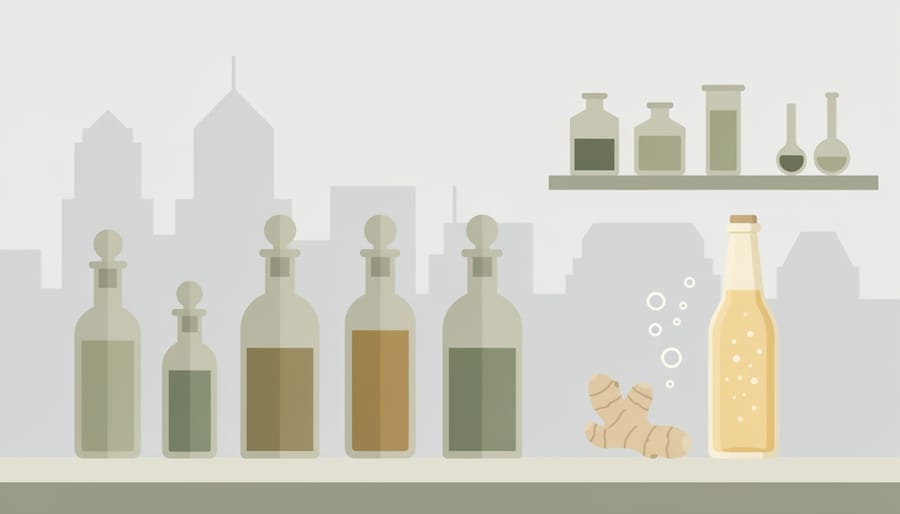 Vintage apothecary hands preparing ginger syrup in a glass beaker on a wooden counter