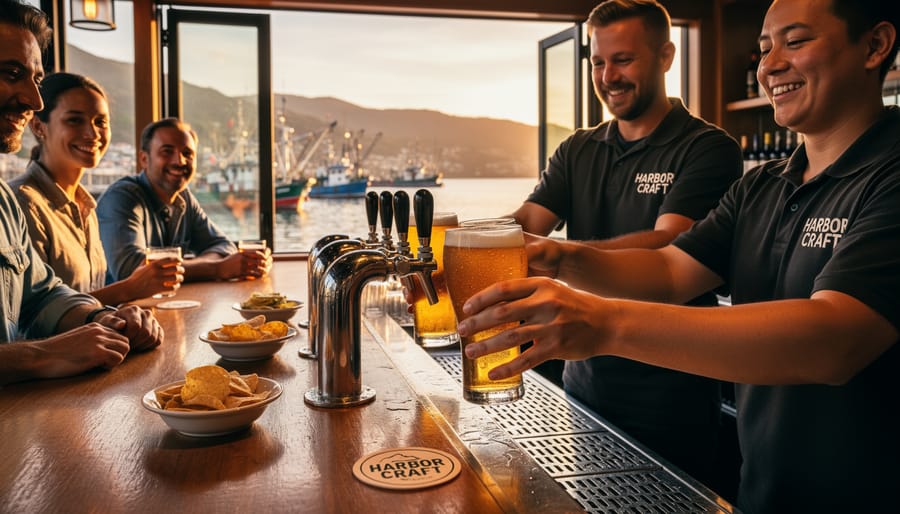 People clinking craft beer pints at a waterfront bar with frothy beer and a blurred harbor in the background