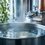Close-up of a stainless steel craft brewery mash tun with clear water and steam, showing brewing equipment and blurred tanks in the background.