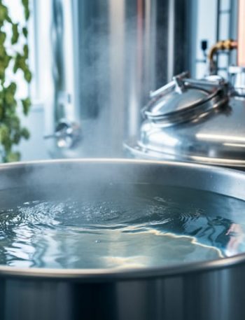 Close-up of a stainless steel craft brewery mash tun with clear water and steam, showing brewing equipment and blurred tanks in the background.