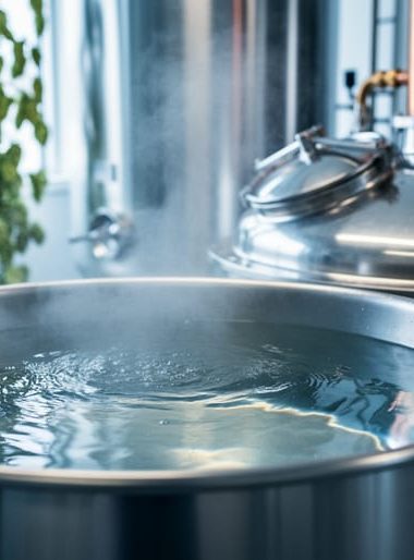 Close-up of a stainless steel craft brewery mash tun with clear water and steam, showing brewing equipment and blurred tanks in the background.