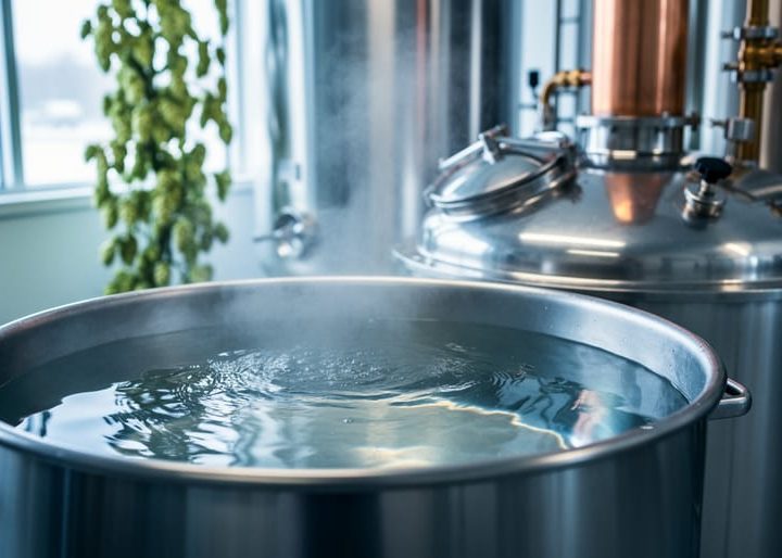 Close-up of a stainless steel craft brewery mash tun with clear water and steam, showing brewing equipment and blurred tanks in the background.