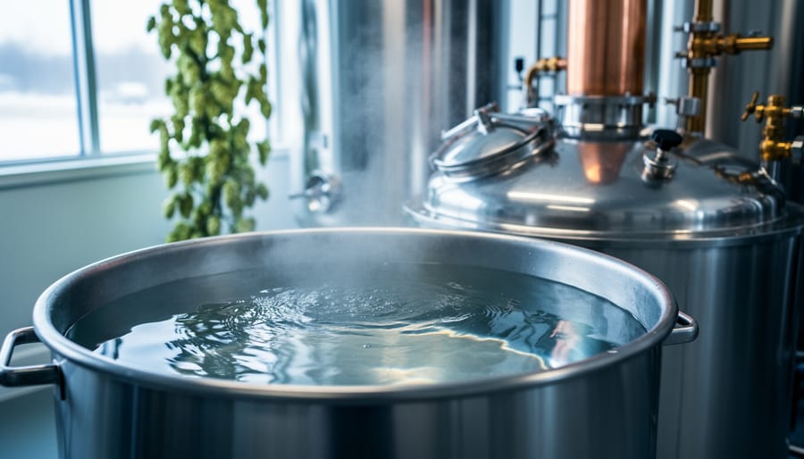 Close-up of a stainless steel craft brewery mash tun with clear water and steam, showing brewing equipment and blurred tanks in the background.
