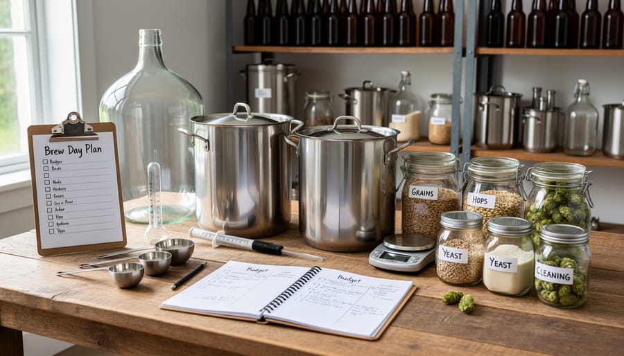 Home brewing ingredients and tools arranged neatly on a countertop with a phone face-down