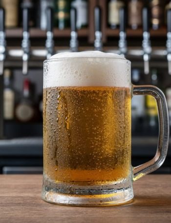 Frosty beer mug with condensation and a golden lager pour on a wooden bar, with out-of-focus beer taps and bottles in the background.