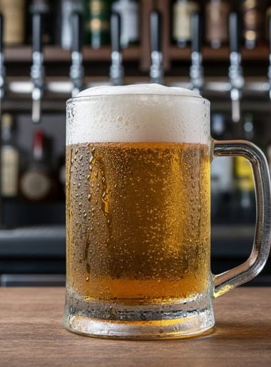 Frosty beer mug with condensation and a golden lager pour on a wooden bar, with out-of-focus beer taps and bottles in the background.