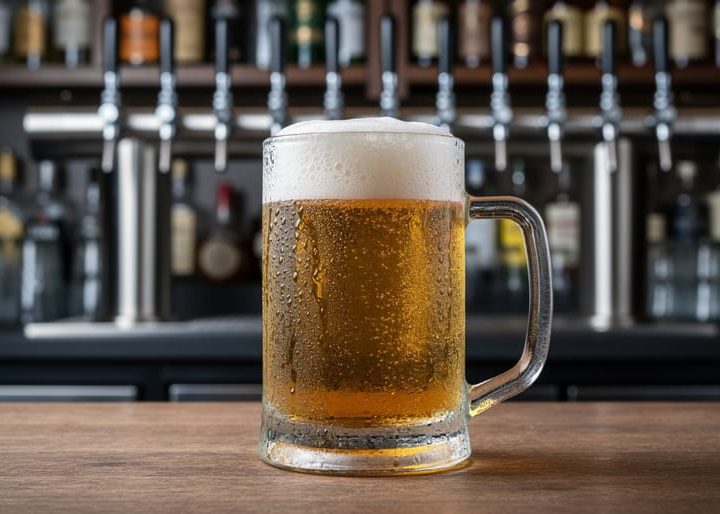 Frosty beer mug with condensation and a golden lager pour on a wooden bar, with out-of-focus beer taps and bottles in the background.