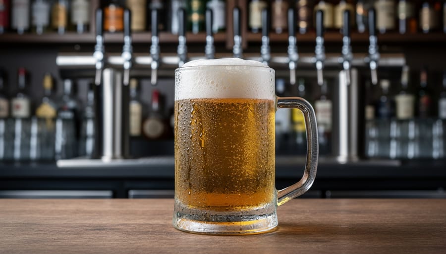 Frosty beer mug with condensation and a golden lager pour on a wooden bar, with out-of-focus beer taps and bottles in the background.