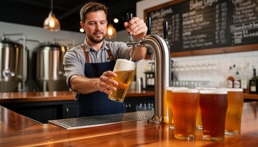 Bartender pouring beer into a frosty pint glass in a brewery taproom