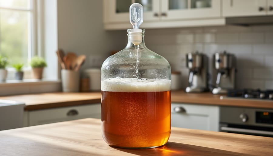 Glass carboy with cloudy amber beer on a kitchen counter beside brewing tools and a small notebook