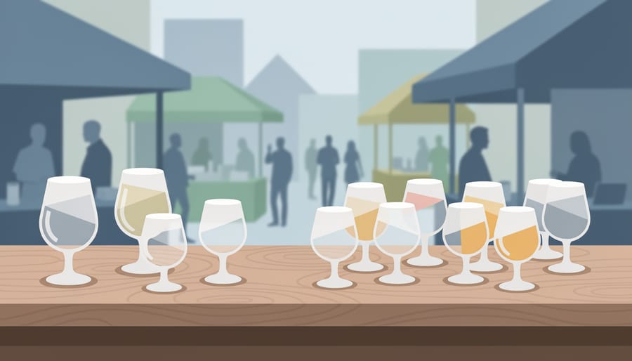 Empty craft beer tasting glasses on a wooden counter in a brewery setting
