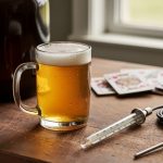 Golden craft beer in a glass mug on a homebrewing workbench with a thermometer and brewing tools, shown in warm natural light with a softly blurred background suggesting responsible entertainment.