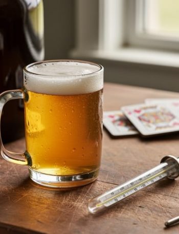 Golden craft beer in a glass mug on a homebrewing workbench with a thermometer and brewing tools, shown in warm natural light with a softly blurred background suggesting responsible entertainment.