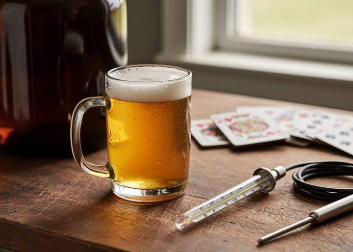 Golden craft beer in a glass mug on a homebrewing workbench with a thermometer and brewing tools, shown in warm natural light with a softly blurred background suggesting responsible entertainment.