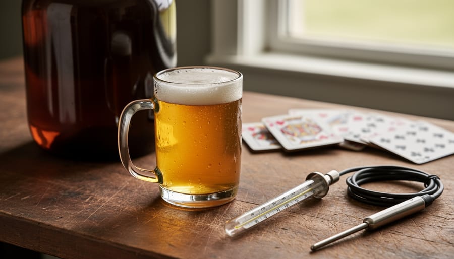 Golden craft beer in a glass mug on a homebrewing workbench with a thermometer and brewing tools, shown in warm natural light with a softly blurred background suggesting responsible entertainment.