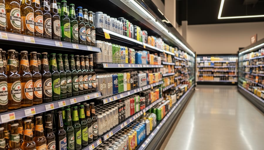 Beer bottles and cans on a store shelf with condensation details