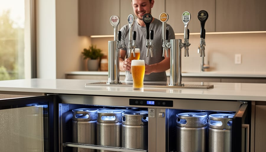 Basement bar draft system with stainless taps and nearby kegerator hardware in a clean, modern setup.
