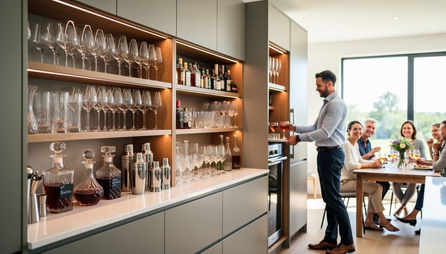 Close-up of organized basement bar storage with tools in drawers and glassware on a rack.